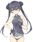  1girl bare_shoulders black_dress black_hair black_panties blue_archive butterfly_hair_ornament china_dress chinese_clothes clothes_lift double_bun dress dress_lift grey_eyes hair_bun hair_ornament kisaki_(blue_archive) long_hair looking_at_viewer mym_ko panties solo twintails underwear 