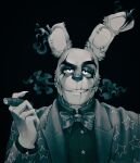  2022 animatronic anthro black_background bow_tie cigarette clothing eyebrows five_nights_at_freddy&#039;s five_nights_at_freddy&#039;s_3 glowing glowing_eyes half-closed_eyes hi_res holding_object lagomorph leporid looking_at_viewer machine male mammal monochrome narrowed_eyes notched_ear p0nyplanet rabbit raised_eyebrow robot scar scottgames simple_background smoking solo springtrap_(fnaf) star star_clothing suit 
