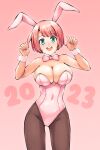  1girl 2023 :d animal_ears aposine bangs bow bowtie breasts chinese_zodiac commentary covered_navel cowboy_shot detached_collar english_commentary gradient_background green_eyes konoka_(aposine) large_breasts leotard looking_at_viewer original pink_background pink_bow pink_bowtie pink_hair pink_leotard rabbit_ears rabbit_girl round_teeth short_hair smile solo swept_bangs teeth upper_teeth_only wrist_cuffs year_of_the_rabbit 