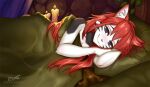  anthro bed blue_eyes blush candle domestic_cat dragonfu felid feline felis female fur furniture hair long_hair looking_at_viewer mammal red_hair solo unknown_character white_body white_fur 