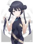  1girl absurdres bare_shoulders black_dress black_hair blue_archive china_dress chinese_clothes collarbone double_bun dress grey_eyes hair_bun halo highres holding holding_hair kenma_pro kisaki_(blue_archive) long_hair looking_at_viewer off_shoulder signature solo twintails 