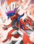  absurdres blurry colored_sclera commentary_request highres jira_(ziraiya26) koraidon legs_apart no_humans open_mouth orange_eyes pokemon pokemon_(creature) rock solo spikes standing tongue yellow_sclera 