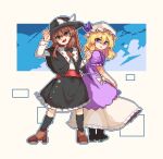  2girls adapted_costume black_capelet black_skirt black_socks blonde_hair bow brown_eyes brown_footwear brown_hair button_up_skirt capelet clear_sky fedora from_behind hat hat_ribbon hui_mi_(hennji_echo) kneehighs long_sleeves looking_back maribel_hearn medium_hair mob_cap multiple_girls pixel_art puffy_short_sleeves puffy_sleeves purple_eyes purple_vest ribbon shoes short_sleeves skirt sky smile socks touhou usami_renko vest waist_bow 