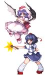  2girls bat_wings black_hair crossed_arms dress flying hat kneehighs laboto lowres mob_cap multiple_girls open_mouth pixel_art purple_hair red_eyes remilia_scarlet shameimaru_aya shirt short_hair short_sleeves skirt socks tokin_hat touhou white_shirt wings 