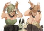  2girls bangs black_pantyhose blonde_hair blush breasts bright_pupils bunny_pose cleavage commentary_request dated_commentary detached_collar fake_tail feet_out_of_frame genderswap genderswap_(mtf) green_hair green_leotard hair_between_eyes higekiri_(touken_ranbu) hizamaru_(touken_ranbu) large_breasts leotard looking_at_viewer multiple_girls open_mouth pantyhose playboy_bunny rabbit rabbit_tail short_hair signature simple_background smile squatting strapless strapless_leotard tail touken_ranbu translation_request white_background white_pupils wrist_cuffs yellow_eyes zi_tsas 