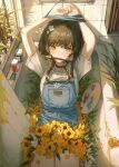  1girl 2gong_(9ujin_) arms_up bathtub blue_overalls braid brown_choker brown_eyes brown_hair choker flower hair_flower hair_ornament hairclip highres indoors looking_at_viewer medium_hair mouth_hold original overalls paintbrush restrained short_sleeves solo thighs twin_braids white_hair 