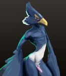  anthro avian backlighting beak blue_body blue_feathers breath_of_the_wild cheek_tuft colored crotch_tuft erection facial_tuft feathers genitals gradient_background green_eyes grey_background light lighting looking_at_viewer male nintendo nude penis pink_penis revali rito scuotivento shaded simple_background solo the_legend_of_zelda tuft white_body white_feathers winged_arms wings 