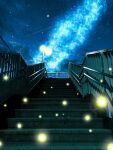  artist_name cloud commentary_request contrail highres kiri_tsuki milky_way night night_sky no_humans original outdoors power_lines railing scenery signature sky stairs star_(sky) starry_sky 