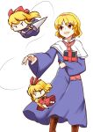  1girl 2others absurdres alice_margatroid blonde_hair blue_dress book boots bow_(weapon) doll dress highres holding holding_book holding_polearm holding_weapon hourai_doll multiple_others polearm red_dress red_ribbon ribbon shanghai_doll short_hair simple_background spear touhou umiudon178 weapon white_background yellow_eyes 