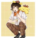  1boy animal_on_shoulder bachira_meguru bandana bangs beret black_footwear blonde_hair blue_lock blunt_ends border brown_hair brown_headwear brown_pants commentary_request crossover cup dog full_body hand_up hat heart highres hineriganai4 holding holding_cup holding_spoon looking_at_viewer male_focus multicolored_hair open_mouth orange_bandana outside_border pants plaid plaid_pants pompompurin sanrio shirt shoes short_hair short_sleeves sidelocks simple_background spoon squatting star_(symbol) teeth two-tone_hair white_border white_shirt yellow_background yellow_eyes 