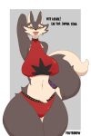  absurd_res anthro big_breasts breasts canid canine canis cheek_tuft clothing cosplay dialogue dipstick_tail facial_tuft female five_nights_at_freddy&#039;s five_nights_at_freddy&#039;s:_security_breach fluffy fluffy_tail foxypew hands_behind_head hi_res mammal markings midriff navel nipple_outline roxanne_wolf_(fnaf) scottgames solo tail tail_markings thick_thighs topwear tuft underwear wide_hips wolf 