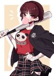  1girl absurdres bandaid bandaid_on_face baseball_bat braid brown_hair bubble_blowing chewing_gum crown_braid delinquent emi_star hand_wraps highres looking_at_viewer niijima_makoto panda persona persona_5 red_eyes red_shirt school_uniform shirt short_hair shuujin_academy_school_uniform simple_background skirt yellow_background 