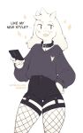  anthro asriel_dreemurr baggy_clothing baggy_shirt baggy_topwear blush bottomwear bovid caprine choker clothed clothing collar fur garter_belt garter_straps girly goat hi_res hotpants jewelry looking_at_viewer male mammal necklace nepentz open_mouth phone shirt shorts simple_background smile solo text topwear undertale undertale_(series) white_background white_body white_fur 