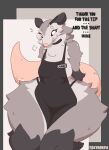  absurd_res anthro apron apron_only breasts clothed clothing dialogue didelphid female foxypew fur grey_body grey_fur hands_behind_back hi_res hyper_hips mammal marsupial mostly_nude partially_clothed pink_nose solo standing suggestive_dialogue thick-tail thick_thighs white_eyes wide_hips 