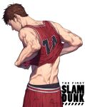  1boy bare_shoulders basketball_jersey basketball_uniform biceps brown_hair clothes_lift commentary_request copyright_name cowboy_shot facing_away highres jersey korean_commentary leviejzn lifted_by_self looking_down male_focus mitsui_hisashi red_shirt red_shorts shirt shirt_lift short_hair shorts shoulder_blades signature simple_background slam_dunk_(series) sleeveless sleeveless_shirt solo sportswear standing sweat toned toned_male white_background 