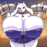  1:1 alcohol anthro barmaid beer bell beverage big_breasts boss_monster bovid breasts caprine cleavage clothed clothing dress female floppy_ears fur hi_res holding_object horn huge_breasts hyper hyper_breasts ichduhernz looking_at_viewer mammal mature_female red_eyes smile solo toriel undertale undertale_(series) white_body white_fur 