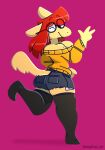  2019 anteater anthro big_breasts big_hair black_clothing bottomwear breasts clothing dogfluid eyewear female fur glasses hair leggings legwear mammal one_eye_closed orange_body orange_fur orange_tail pilosan red_hair smile solo stockings tail topwear wink xenarthran yellow_clothing 