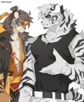  accessory anthro arknights belt black_clothing black_shirt black_topwear blue_eyes body_scars claws clothing duo edadrz eye_scar facial_scar felid fur hair headband hi_res huai_tianpei_(arknights) hypergryph long_hair looking_at_viewer male mammal mountain_(arknights) multiple_scars pantherine scar shirt simple_background sleeveless_shirt striped_body stripes studio_montagne tiger topwear white_background white_body white_fur yellow_eyes yellow_headband 
