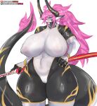  anthro big_breasts black_body blue_eyes breasts clothed clothing female girlsay hi_res holding_object horn looking_at_viewer simple_background solo thick_thighs white_background white_body 