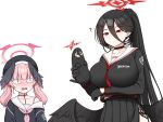  2girls ? black_choker black_gloves black_hair black_headwear black_shirt black_skirt black_wings blue_archive blush breasts choker closed_mouth gloves hair_between_eyes halo hasumi_(blue_archive) hat high_ponytail highres holding jc_shikikan koharu_(blue_archive) large_breasts long_hair long_sleeves low_wings mole mole_under_eye multiple_girls neckerchief pink_hair pink_neckerchief pleated_skirt red_eyes school_uniform shirt simple_background skirt twintails white_background winged_hat wings 
