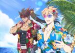  2boys ariss_desuyo beach belt black_shirt blonde_hair blue_eyes brown_hair chain cigarette closed_eyes cocktail collarbone covered_abs flower gold_chain guilty_gear hair_between_eyes hair_flower hair_ornament hair_ribbon hand_in_pocket hawaiian_shirt headband ky_kiske long_hair male_focus multiple_boys muscular muscular_male ocean open_clothes open_shirt palm_tree partially_unbuttoned pectoral_cleavage pectorals ponytail red_ribbon ribbon shirt short_hair signature smile smoking sol_badguy spiked_hair sunglasses toned toned_male tree undershirt 
