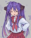  1girl bangs black_ribbon blood blood_on_clothes blood_on_hands blood_on_weapon bow closed_eyes grey_background hair_between_eyes hair_ribbon hands_on_hips highres hiiragi_kagami long_hair lucky_star open_mouth purple_hair r_(reijibnuy2) red_sailor_collar red_skirt ribbon ryouou_school_uniform sailor_collar school_uniform serafuku skirt smile solo star_(symbol) twintails weapon 
