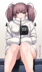  1girl atlanta_(kancolle) brown_hair closed_mouth clothes_writing earrings feet_out_of_frame grey_eyes hands_in_pocket ifuji_shinsen jacket jewelry kantai_collection long_hair long_sleeves single_earring sitting solo star_(symbol) star_earrings twitter_username two_side_up white_jacket 