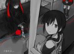  3girls aaniko apron asahina_hiyori azami_(kagerou_project) bangs black_dress black_eyes black_hair black_jacket black_serafuku black_shirt black_skirt black_socks blunt_bangs closed_eyes dress expressionless facing_down fringe_trim greyscale hair_between_eyes hair_ribbon jacket kagerou_project loafers long_hair long_sleeves looking_at_viewer lower_body mekakucity_actors monochrome multiple_girls out_of_frame parted_lips pentagon_(shape) pleated_skirt red_ribbon red_scarf ribbon scarf school_uniform seat serafuku shirt shoes sidelocks sitting sketch skirt socks spot_color standing string string_of_fate tateyama_ayano train_interior upper_body very_long_hair wavy_hair wide_sleeves 