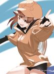  akisa_yositake anchor bike_shorts brown_eyes brown_hair fingerless_gloves gloves guilty_gear guilty_gear_strive hat holding holding_anchor hood hoodie long_sleeves looking_at_viewer may_(guilty_gear) open_mouth orange_headwear orange_hoodie pirate_hat puffy_long_sleeves puffy_sleeves skull_and_crossbones smile 