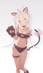  1girl :d absurdres ahoge animal_ear_fluff animal_ears animal_hands arm_behind_head ass_visible_through_thighs bangs bare_shoulders black_bra black_panties bow bra breasts bridal_garter cat_cutout cat_ears cat_lingerie cat_tail chinese_commentary choker cleavage_cutout clothing_cutout collarbone commentary croya_(20210221) frilled_bra frilled_choker frilled_panties frills gloves gradient_background grey_background hair_between_eyes head_tilt highres long_hair looking_at_viewer medium_breasts meme_attire navel onii-chan_wa_oshimai! open_mouth oyama_mahiro panties paw_gloves pink_bow simple_background smile solo stomach strap_slip tail tail_bow tail_ornament thigh_gap twintails underwear underwear_only white_hair yellow_eyes 