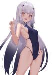  1girl :d absurdres bangs bare_arms bare_shoulders black_one-piece_swimsuit breasts brown_eyes commentary_request covered_navel fairy_knight_lancelot_(fate) fangs fate/grand_order fate_(series) grey_hair hair_ornament hairclip hand_up highres jilu long_hair looking_at_viewer medium_breasts one-piece_swimsuit simple_background smile solo standing swimsuit teeth upper_teeth_only very_long_hair white_background 