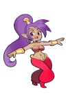  belly_dancer blush bodily_fluids breasts dancing ear_piercing ear_ring female genie genitals hair hi_res humanoid looking_at_viewer nipple_outline not_furry open_mouth open_smile piercing pubes purple_hair pussy ring_piercing scharlotte shantae shantae_(series) simple_background smile solo sweat under_boob wayforward white_background 