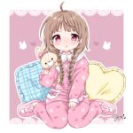  1girl absurdres ahoge annoyed blush braid brown_hair child female_child heart highres holding holding_stuffed_toy long_hair looking_at_viewer object_hug original pajamas pants pillow pink_eyes pink_footwear pink_pajamas pink_pants pink_shirt pout print_pajamas print_pants print_shirt shirt sinasia sitting slippers solo stuffed_animal stuffed_bunny stuffed_toy tears twin_braids twintails 