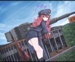  1girl absurdres blue_archive flag grey_eyes ground_vehicle halo highres iroha_(blue_archive) long_hair looking_at_viewer looking_back military military_vehicle motor_vehicle red_hair school_uniform tank thighs tiger_i treeman 