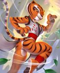  2023 4_fingers anthro big_breasts breasts butt claws clothed clothing digital_media_(artwork) dreamworks felid female finger_claws fingers hi_res kung_fu_panda leaf looking_at_viewer mammal master_tigress mountain pak009 pantherine pawpads solo stripes tiger waterfall whiskers wind yellow_sclera 