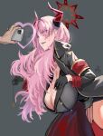  1girl armband black_gloves blue_archive blush breasts cellphone coin demon_horns garter_straps gloves halo hanging_breasts heart heart-shaped_pupils highres holding holding_phone holed_coin horns huge_breasts hypnosis jewelry kurokawa_otogi leaning_forward long_hair military military_uniform mind_control mole mole_on_breast pendant phone pink_eyes pink_hair red_armband red_thighhighs satsuki_(blue_archive) smartphone solo_focus sweatdrop symbol-shaped_pupils thighhighs uniform 