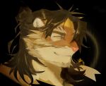  absurd_res accessory anthro arknights black_background felid hair headband headshot_portrait hi_res huai_tianpei_(arknights) hypergryph long_hair looking_at_viewer male mammal pantherine portrait simple_background smile solo studio_montagne tiger yellow_eyes yellow_headband yoinorii 