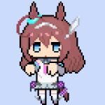  1girl ahoge animal_ears blue_background blue_eyes brown_hair grey_hairband hair_between_eyes hairband horse_girl horse_tail long_hair lowleg lowleg_skirt mihono_bourbon_(umamusume) pixel_art simple_background skirt solo stars-xc tail umamusume 