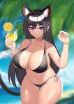  absurd_res alcohol beach beverage big_breasts bikini black_bikini black_clothing black_hair black_swimwear breasts cat_tail clothing cocktail fallien felid feline female hair hi_res human humanoid mammal palm_tree plant purple_eyes seaside solo swimwear tree 