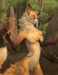  2022 anthro black_nose canid canine detailed_background dipstick_ears disembodied_hand duo femurslemurs fluffy fluffy_tail fox fur hi_res inner_ear_fluff magic mammal multicolored_ears navel nude open_mouth open_smile outside plant smile solo_focus tail tree tuft white_body white_fur 