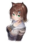 1girl :3 absurdres animal_ear_fluff animal_ears black_shirt blush breasts brown_hair cat_ears closed_mouth collarbone fish_hair_ornament fumino_tamaki green_eyes hair_ornament highres hood hood_down hooded_jacket jacket large_breasts long_sleeves looking_at_viewer myske_(myst34415756) nijisanji open_clothes open_jacket shirt short_hair sign sign_around_neck smile solo striped striped_jacket translation_request 