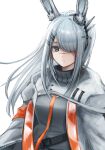  1girl 3_(sanyako1) animal_ears arknights closed_mouth dress frostnova_(arknights) grey_dress grey_hair hair_ornament hair_over_one_eye hairclip highres long_hair long_sleeves looking_at_viewer rabbit_ears simple_background solo turtleneck_dress upper_body white_background 