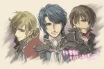  3boys armor black_jacket blonde_hair blue_eyes blue_hair blue_jacket brown_eyes brown_hair commentary_request dated eldigan_(fire_emblem) fire_emblem fire_emblem:_genealogy_of_the_holy_war high_collar jacket long_hair looking_at_viewer male_focus multiple_boys pauldrons quan_(fire_emblem) red_jacket short_hair shoulder_armor sigurd_(fire_emblem) smile upper_body ursla99 yellow_eyes 