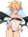  1girl black_wings blonde_hair blush breasts collarbone commentary covered_navel crystal_earrings disgaea earrings english_commentary gris_swimsuit hair_between_eyes highres jewelry large_breasts makai_senki_disgaea_2 meme_attire pink_eyes pointy_ears ponytail puffphox red_nails rozalin see-through_swimsuit signature slit_pupils solo strapless strapless_swimsuit swimsuit wings 