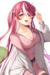  1girl :d absurdres belt black_belt breasts cleavage collarbone commentary_request dress grey_sweater hand_up heterochromia highres hololive houshou_marine large_breasts long_hair looking_at_viewer miyagi_ratona multicolored_hair open_mouth pink_dress red_eyes red_hair simple_background smile solo sweater teeth twitter_username two-tone_hair upper_teeth_only virtual_youtuber white_background white_hair yellow_eyes 