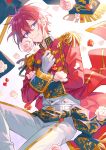  1boy bangs closed_mouth colored_eyelashes commentary ensemble_stars! epaulettes flag flower gloves hair_between_eyes high_collar long_sleeves male_focus petals pink_flower purple_eyes red_flower red_hair seuga short_hair smile solo suou_tsukasa white_gloves 