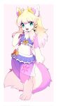  2023 4_toes 5_fingers anthro barefoot bikini blonde_hair blue_eyes blush blush_lines breasts canid canine claws clothing cute_fangs devil-vox digital_media_(artwork) feet female female_anthro fingers fox full-length_portrait fur hair happy hi_res horn hybrid kemono looking_at_viewer mammal midriff multicolored_body multicolored_fur multicolored_hair open_mouth open_smile pawpads paws pink_body pink_fur portrait small_breasts smile smiling_at_viewer solo swimwear tail toe_claws toes tongue white_body white_fur white_hair 