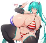  1girl :q absurdres alternate_breast_size american_flag_bikini bikini blush breasts detached_sleeves flag_print green_eyes green_hair hair_ornament hatsune_miku highres huge_breasts sinensian skindentation solo swimsuit thick_thighs thighhighs thighs tongue tongue_out twintails v vocaloid 