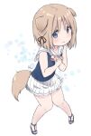  1girl animal_ears blue_eyes blue_shirt brown_hair dog_ears dog_girl dog_tail feet full_body hands_on_own_chest highres miniskirt original pleated_skirt sandals shirt short_hair simple_background sinasia skirt sleeveless sleeveless_shirt smile solo tail thighs toes white_background white_skirt 