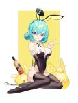  &gt;_&lt; 1girl :d absurdres aiee animal_ears aqua_hair bangs bare_shoulders black_hairband black_leotard black_thighhighs blue_eyes bottle breasts cleavage covered_navel detached_collar detached_sleeves fake_animal_ears fake_tail full_body grin hair_bun hairband highres large_breasts leotard long_sleeves looking_at_viewer nail_polish original playboy_bunny purple_nails rabbit_ears rabbit_tail short_hair single_hair_bun sitting slime_(creature) smile solo strapless strapless_leotard tail thighhighs two-tone_background v white_background yellow_background yokozuwari 